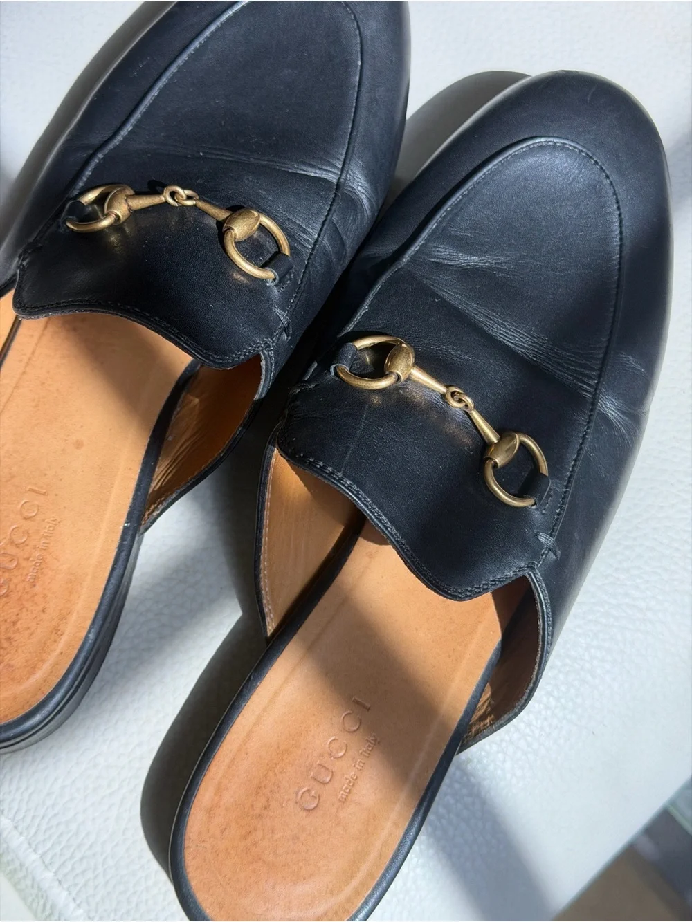 Gucci Black Leather Horsebit Backless Loafers